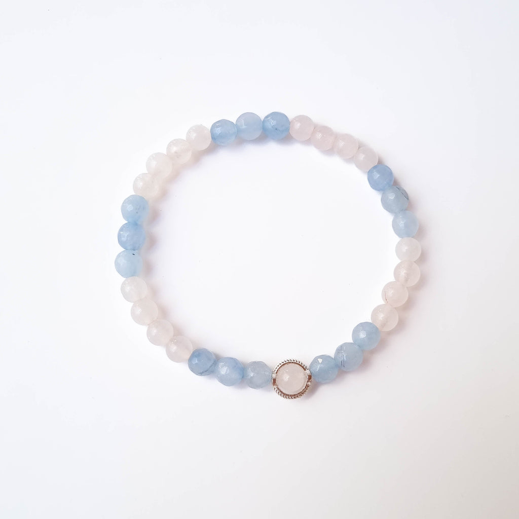 Pulsera Emperatriz · Cuarzo Rosa, Ágatas Celestes & Dije de Plata